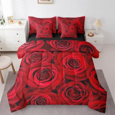 Imagem de Erosebridal Jogo de cama King com flores vermelhas e botânicas, flores vermelhas, pétalas de flor, 7 peças, para mulheres, meninas, romântico, lençol com elástico e lençol de cima