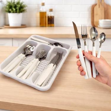 Imagem de Jogo de Talhares Faqueiro Inox 25 Peças + Suporte Gaveteiro Restaurante Completo Moderno Faca Colher Garfo (Branco)