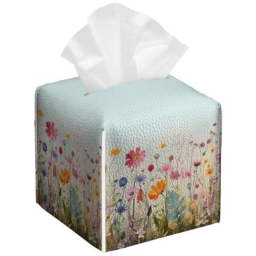 Imagem de Pacote com 2 caixas de lenços de flores em aquarela quadradas flores silvestres PU suporte de caixa de lenços de papel facial à prova d'água para banheiro, cozinha, casa, escritório, carro