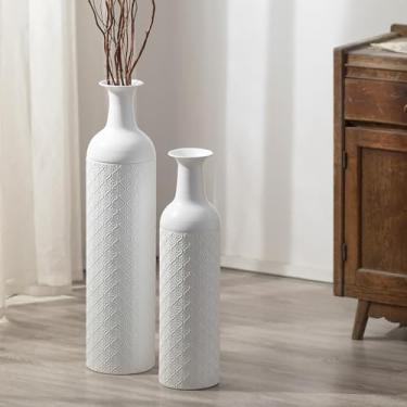 Imagem de Sziqiqi Vasos brancos para piso alto: Vaso decorativo de metal extra grande de 27,6/55 cm - Conjunto de 2 vasos grandes Boho para galhos de grama dos pampas - Vaso grande para sala de estar, quarto,