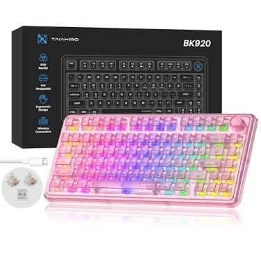 Imagem de Teclado mecânico transparente, teclado cremoso sem fio retroiluminado RGB, design de acrílico transparente personalizável Hot Swap, interruptores lineares silenciosos de 80 teclas, 3 modos BT5.0/2.4G