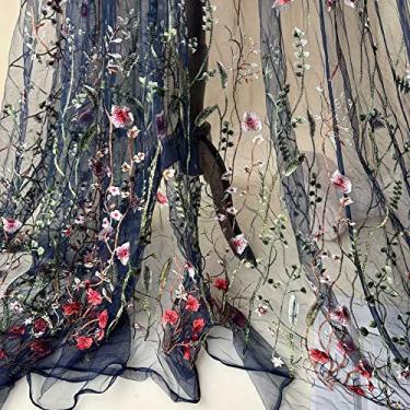 Imagem de Delicado tecido de renda floral com 3 metros bordado folhas florais tule para vestido de formatura cor marinha