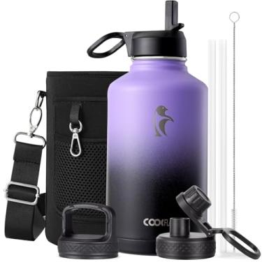 Imagem de Coolflask Garrafa de água de 1,8 litro isolada com canudo e 3 tampas, jarro de água de 1,8 g, grande metal de aço inoxidável, boca larga para esportes, academia ou escritório, sem BPA, mantém frio 48H