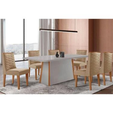 Imagem de Conjunto: Mesa Sala Jantar Tilia Curvo 180cm + 6 Cadeiras Dafne Naturale/Off White - Linho Bege - Rufato