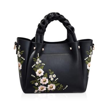 Imagem de NICOLE & DORIS Bolsa elegante feminina comprador bolsa de couro PU alça bolsa de ombro feminina bolsa de ombro bordada bolsa de ombro para trabalho escola compras, preto, L, Elegante
