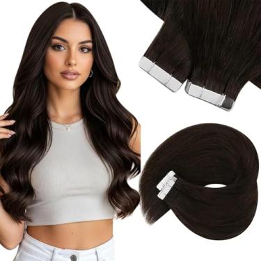 Imagem de Sunny Hair Extensões de cabelo humano com fita adesiva extensões de cabelo humano 30,5 cm fita de cabelo humano real em extensões para mulheres marrom escuro invisível natural liso trama dupla face