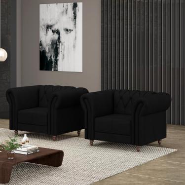 Imagem de Kit 2 Poltronas Decorativas Sala de Estar Stanford Chesterfield Pés de Madeira Couro Preto G58 - Gran Belo