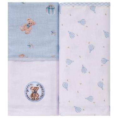 Imagem de Manta Flanelada para Bebê 2 Unidades 79cm x 80cm Baby Joy, Urso Azul