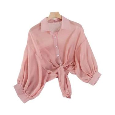 Imagem de Blusa Feminina Branca De Chiffon Solta Elegante Cor Sólida Com Amarraç
