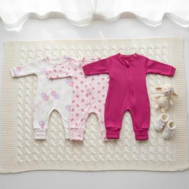 Imagem de Kit 3 Macacões Pijama Bebê Menina zíper Vira Pé 100% algodão Tamanho:P
