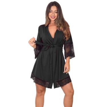 Imagem de Robe Sensual Microfibra e Renda Manga 3/4 Roupão de Banho - TJ Vip, Pr