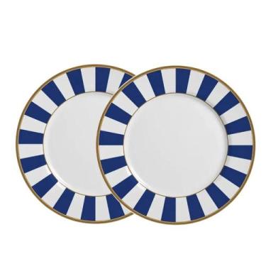 Imagem de Jogo 2 Pratos Raso de Cerâmica Azul Branco Listras Stripe Azul Alleanz