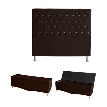 Imagem de Kit Estrela Cabeceira De Cama Box E Calçadeira Baú Pés Palito Botão Cristal Queen 160 Cm Suede Marrom Do Lar Móveis