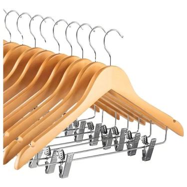 Imagem de Cabide de Madeira com Presilhas Verniz para Organizar Roupas em Madeira e Metal