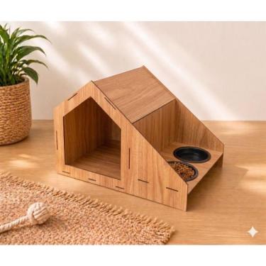Imagem de Casinha Pet 2 Em 1 Com Comedouro e Bebedouro Para Cães e Gato Em Madei