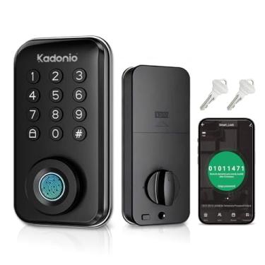 Imagem de Trava inteligente de impressão digital, fechadura inteligente 5 em 1 para porta da frente, fechadura de porta de entrada sem chave com controle de aplicativo, teclado, 2 teclas, trava automática