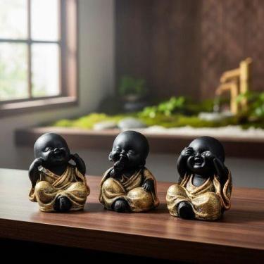 Imagem de Trio De Budas Sábios Cego Surdo Mudo Decoração Hindu Lindos! Ouro/cobr