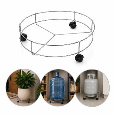 Imagem de Suporte com Rodízios para Botijão de Gás Galão de Água e Vaso de Plantas em Aço Cromado Reforçado Multiuso Cozinha