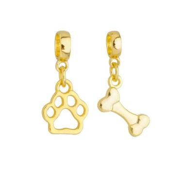 Imagem de Kit Berloques Patinha e Osso de Cachorro Banhado a Ouro 18k - WORK SEM