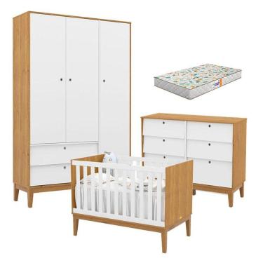 Imagem de Quarto de Bebe Unique 3 Portas com Cômoda 6 Gavetas Freijó Branco Soft Eco Wood e Colchão Gazin - Matic