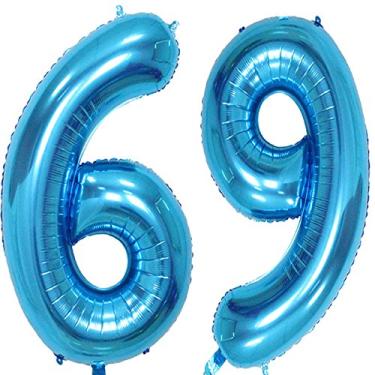 Imagem de Balões de número digital jumbo MAGJUCHE 101,6 cm de folha azul 69 de hélio com hélio, artigos de decoração para festa de aniversário de 69 anos para mulheres ou homens