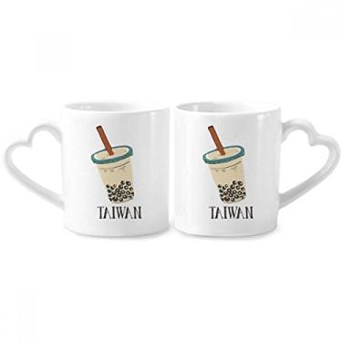 Imagem de Drink Pearl Milk Tea Food Taiwan Conjunto de canecas de porcelana para casais, copo de cerâmica para amantes, alça de coração