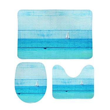 Imagem de Conjunto de 3 peças de tapetes de banheiro My Daily Sailboat fundo de madeira azul oceano tapete antiderrapante para contorno + tampa para vaso sanitário + tapete de banheiro