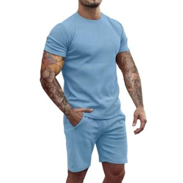 Imagem de Uni Clau Conjuntos de camisa e shorts masculinos moda verão casual manga curta 2 peças conjuntos curtos, Azul-claro, GG