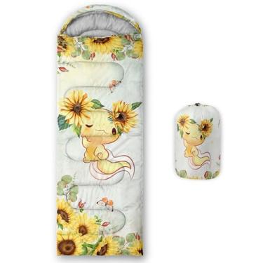 Imagem de CVHOUSE Sacos de dormir para acampamento axolote de girassol, 3 estações, clima quente e frio, leve, sacos de dormir à prova d'água para adultos e crianças, viagens e ao ar livre, equipamentos de