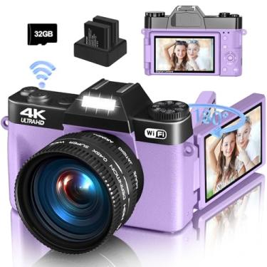Imagem de Câmera digital 4K para fotografia e vlogging, câmera YouTube de 56 MP com WiFi, tela flip de 7.6 cm 180°, zoom digital de 16x, lente macro e grande angular de 52 mm, cartão TF de 32 GB, 2 pilhas
