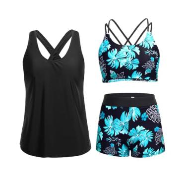 Imagem de Holipick Tanquíni feminino de 3 peças, controle de barriga, regata com sutiã, shorts para meninos e adolescentes, Verde, G