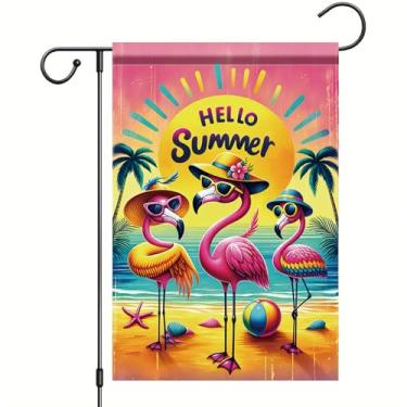 Imagem de Starlit Patio Bandeira de jardim de flamingo Hello Summer Garden Flag 30,5 x 45,7 cm dupla face tropical decoração de quintal faixa divertida ao ar livre para pátio varanda gramado decoração de casa