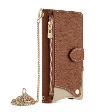 Imagem de LYJSMGZ Capa de couro transversal para iPhone 16E, corrente de metal longa elegante carteira flip fólio capa de telefone TPU macio à prova de choque capa interna, marrom, 16E