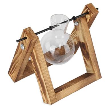 Imagem de Mingzhe Plant Terrarium Glass Vase Solter para Decoração de Escritório Em Casa Design Vintage Plantador de Mesa de Madeira para Desktop (Rack retro + garrafa única)