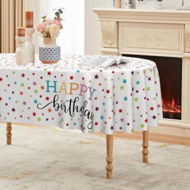 Imagem de Horaldaily Toalha de mesa branca Happy Birthday 152 × 213 cm, oval com estampa de estrela dourada para decoração de aniversário, artigos de festa de aniversário