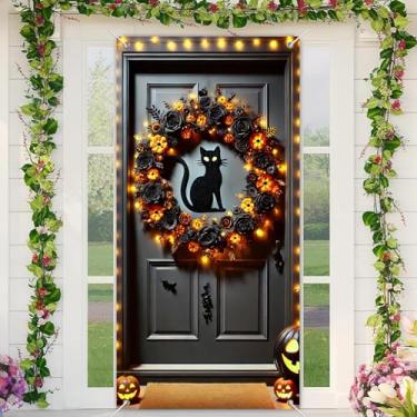 Imagem de BlissYard Capa para porta de Halloween, 89 x 188 cm, guirlanda de gato preta, design de luzes brilhantes, tecido de poliéster felino assustador, faixa de porta para decoração misteriosa de casa
