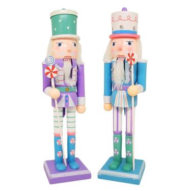 Imagem de Jogo 2 Bonecos Quebra Nozes Decorado Madeira Candy Color 30cm Boca Articulada - Master Christmas