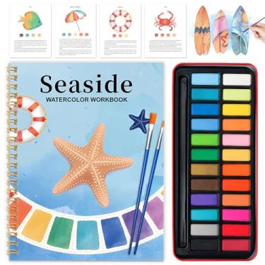 Imagem de Livro de exercícios em aquarela - Kit de pintura para iniciantes, livros de aquarela para adultos com tinta de 24 cores, presente de exploração para adultos e adolescentes (beira-mar)
