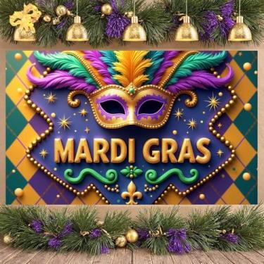Imagem de Banner de carnaval com máscara dourada, destaque roxo, xadrez colorido, acabamento com contas, pano de fundo festivo para festa de carnaval celebração baile de máscaras