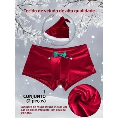 Imagem de Cuecas De Veludo Masculinas De Natal Com Laço E Sino, Chapéu De Natal 