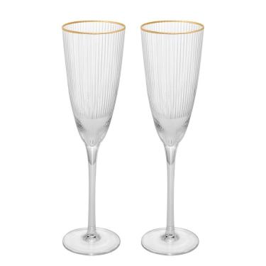 Imagem de Conjunto com 2 Taças de Espumante Lines Ouro 300ml em Vidro Canelado para Champagne Transparente Wolff