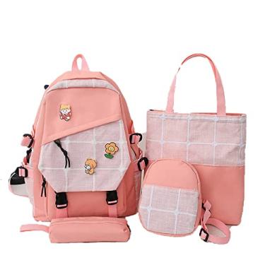 Imagem de Mochila universitária 4 peças mochila casual de lona com bolsa, bolsa de moedas, estojo de lápis, mochila xadrez com pingente de grande capacidade, rosa, 1