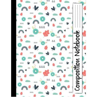 Imagem de Caderno de redação pautada universitária: capa branca com corações fofos, arco-íris, flores | Diário de papel pautado clássico | Livro de exercícios de volta às aulas para estudantes