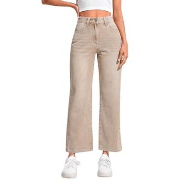 Imagem de Floerns Calça jeans feminina reta cintura alta cor sólida jeans, Marrom, PP