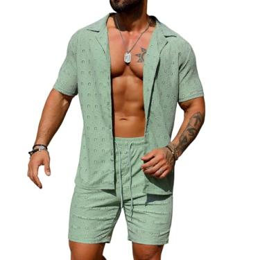 Imagem de URRU Conjunto masculino de 2 peças para praia de verão transparente transparente manga curta floral renda conjuntos de camisas e shorts, Verde militar, XX-Large