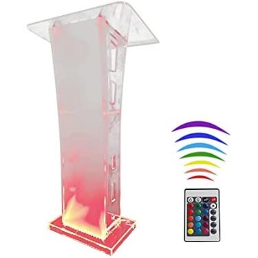 Imagem de Suporte de púlpito de pódio de acrílico - Luzes coloridas Controle remoto de pódio de conferência de acrílico para igreja Púlpito transparente de escola transparente com plataforma multiuso