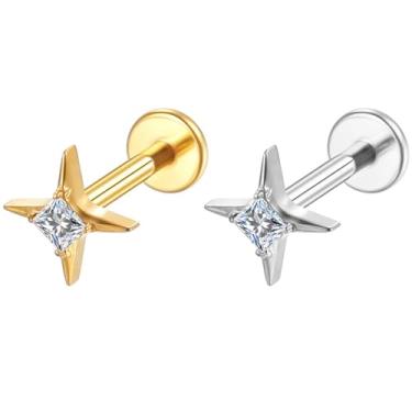 Imagem de Piercing Helix Conch Labret Titânio Pvd Estrela Zirconia 1.2x8mm (Dourado)