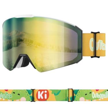 Imagem de OutdoorMaster Óculos de esqui Falcon Kids com proteção UV 100% antiembaçamento para óculos (armação branca + lente cinza VLT 12% com azul Revo + alça de dinossauro)