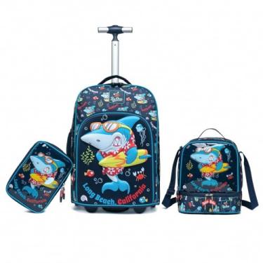 Imagem de Conjunto de Mochila Escolar Infantil com Rodas, Lancheira e Estojo, Tema Tubarão Surfista, Azul Marinho, 3 Peças