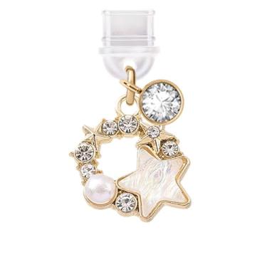 Imagem de ELISE & FONDA Porta de carregamento tipo C TP612, plugue antipoeira, guirlanda de cristal com estrelas, pingente de celular para iPhone 15/16/Samsung/OnePlus/Xiaomi/oppo telefones Android (branco)